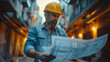 Professional technician foreman holding blueprints construction site plan. Generative AI.