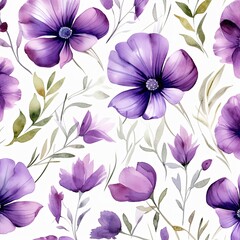 Wall Mural - Violet flower petals and leaves on white background seamless watercolor pattern spring floral backdrop 