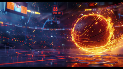 Dynamic basketball on fire with sparks on a professional court, reflecting on the shiny floor with scoreboard in the background, concept of action and power in sports.