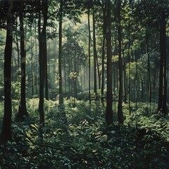 Wall Mural - A painting of a forest with trees and bushes