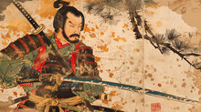 Artistic Representation Of A Traditional Japanese Samurai Warrior In Full Armor, Wielding A Katana Sword, With Dynamic Ink Splashes And Calligraphy On A Textured Background.