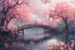 A picture of a wooden bridge over a lake. There are trees filled with beautiful pink cherry blossom flowers hanging over the bridge