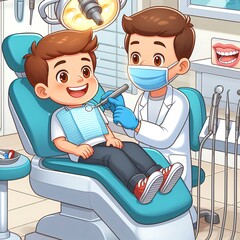 Pediatric dentist treating teeth of happy child. Generative AI