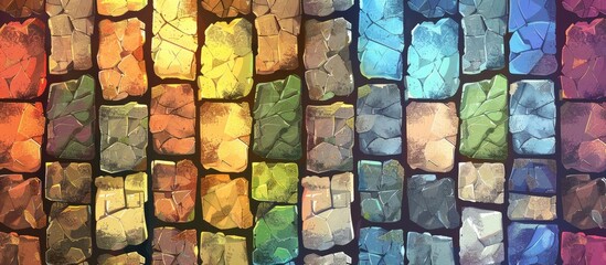 Sticker - An artistic display of various colored bricks in a symmetrical pattern, showcasing the beauty of building material. Each rectangle of glass, cobblestone, and brick adds to the overall aesthetic