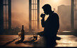Silhouette of depressed man drinking alcohol, sad male experiencing some problems with alcohol.