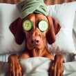 Red hungarian vizsla dog in spa salon with cucumbers on eyes. Generative AI