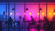 © Rattanathip - A group of people are sitting at tables in a brightly lit room with colorful lights. Scene is lively and energetic, as the people are working on their laptops