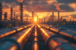 © Alexey - Sunset over industrial refinery with pipelines and distillation towers. Energy and petroleum industry at dusk with vibrant sky. Design for energy sector report, oil and gas brochure, industrial infras