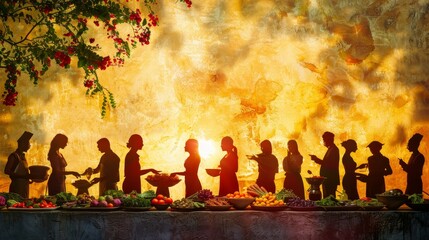 A group of people are gathered around a long table with a variety of food, including fruits and vegetables. The table is set for a large feast, and the people are standing around it, preparing to eat