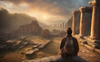 Solo traveler with backpack gazing at a panoramic view of ancient ruins at sunrise, mist swirling