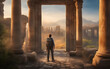 Solo traveler with backpack gazing at a panoramic view of ancient ruins at sunrise, mist swirling