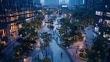 Fototapeta Sypialnia - A Chinese urban planner collaborates with AI to redesign city spaces, blending traditional aesthetics with smart technology in a public square.