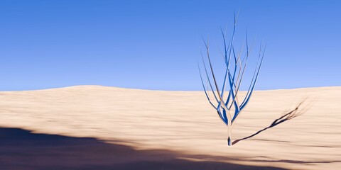 chrome retro tree object in surreal abstract desert landscape with blue sky background, geometric pr