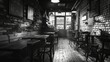 Detailed rustic coffee shop in high contrast black and white ambiance with wooden furniture