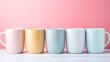 Six colorful mugs on pink background, table, isolated, no people