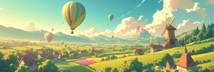 Wall Mural - Top view of green landscape and mountain valleys and town and colorful balloons flying in the sky, banner illustration