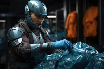Futuristic soldier in advanced protective gear examining a body bag in a high-tech military setting