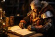 © Наталья Бойко - Bearded man in medieval clothing reading a large book by candlelight