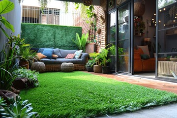 Wall Mural - small modern patio garden with artificial grass and rattan furniture inspiration ideas