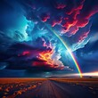 Atmospheric phenomenon capturing a prismatic dispersion of light, showcasing the full spectrum of rainbow colors refracting through a scattered weather system, mesmerizing play of colors