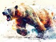 The white bear roared in full. Charges sideways in front of the camera with a ferocious expression. The image was captured in a dynamic watercolor style. 