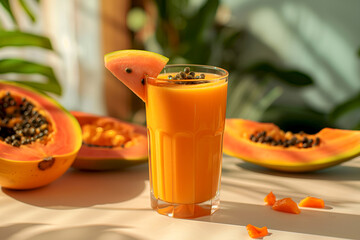 Tall glass of papaya smoothie on tropical background with hard lights. Papaya smoothie, antioxidant tropical drink. Creamy papaya smoothie with fruit slices and tropical leaves. Papaya juice banner