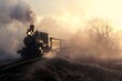 an old-fashioned steam train chugs through a mist-enshrouded landscape