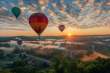 Wall Mural - Top view of green landscape and mountain valleys and town and colorful balloons flying in the sky