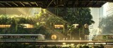 Fototapeta Pokój dzieciecy - Detailed view of a solarpunk train station, with living walls and soft, natural lighting filtering through