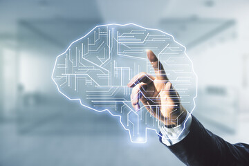 Wall Mural - Man hand working with virtual creative artificial Intelligence hologram with human brain sketch on blurred office background. Multiexposure