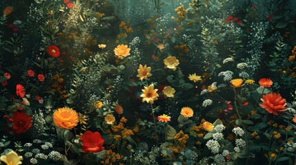 Wall Mural - A field of flowers with a variety of colors including red, yellow, and white. The flowers are arranged in a way that creates a sense of depth and movement