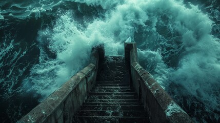 Wall Mural - A staircase is shown in the midst of a large wave of water. Concept of danger and power, as the water crashes over the steps and the waves seem to be coming in fast and strong