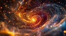 A Spiral Galaxy With A Bright Orange Center And A Dark Blue Background. The Galaxy Is Filled With Bright, Glowing Stars And Is Surrounded By A Cloud Of Dust And Gas
