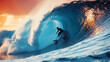 Professional surfer surfing a wave in the ocean at sunset. Water sports concept.