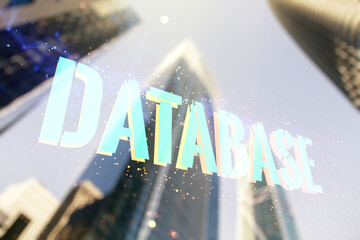 Wall Mural - double exposure of database word sign on office buildings background, global research and analytics 