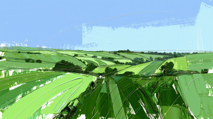 Wall Mural - Abstract landscape painting with green fields and blue sky