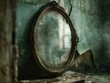 An eerie close-up of a dusty mirror in an empty room, showing a mysterious figure that vanishes upon a second look. Haunting and suspenseful atmosphere.