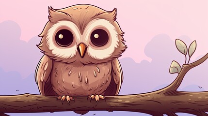 High angle shot of a baby owl perched on a tree branch, line art extremely simplified portrait , cute, simple 2d style pastel colors