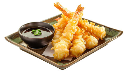 Fresh japanese tempura on plate with sauce isolated on white background