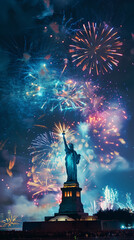 4th of July Fireworks next to the statue of liberty