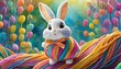 Un alegre y simpático conejo hecho con tiras de plastilina de colores. Tema infantil