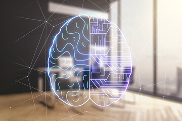 Wall Mural - creative artificial intelligence concept with human brain sketch and modern desktop with pc on backg