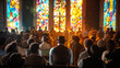 Congregation Enjoying Sunlit Stained Glass Windows in a Church Service