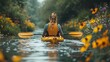 Blonde kayaking in a river surrounded by flowering banks, the essence of spring adventure