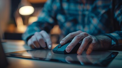 Close-up of casual man working on a laptop and clicking with a wireless digital mouse on a digital tablet on an office table.