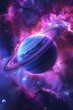 A mesmerizing view of the universe with a large Saturn against a backdrop of purple, blue, and pink hues, capturing the majesty of space