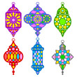 Set of ramadan lanterns, arabic lamps with colored patterns. Fanous lantern, flat, silhouette vintage design. Eastern, turkish, moroccan traditional lamp, from metal and glass. Vector illustration