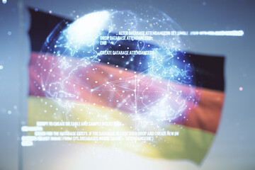 Wall Mural - Double exposure of abstract programming language hologram and world map on German flag and blue sky background, research and development concept