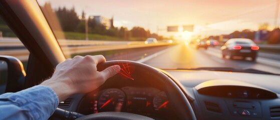 Driving pictures for background usage. Driver's hand is going up the motorway at rush hour to go to work in the morning. Concept about commuting by car. Travel, expressway, motorway.