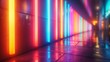 long corridor with colourful neon lights on the walls. 